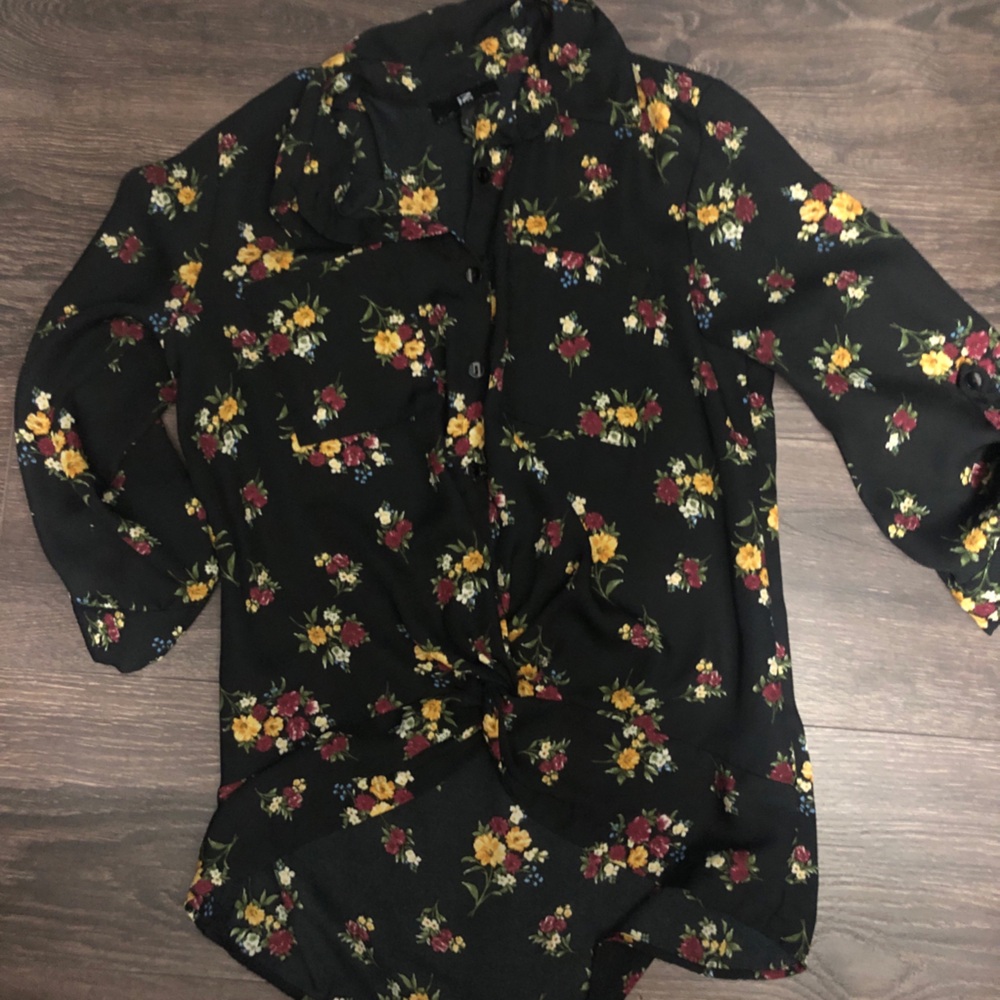 Iz Byer Black Floral Blouse with Yellow and Burgundy Flowers